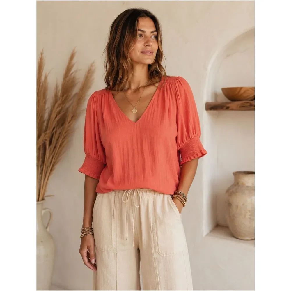 Anthropologie Maison D’ Amelie V-Neck Puff Sleeve Blouse in Orange